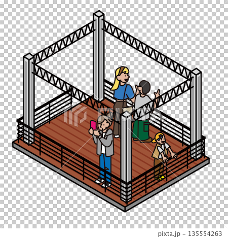 描繪人們在戶外觀景台或舞台上消磨時光的插圖 135554263