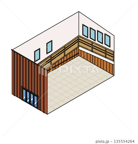 和風建築の屋内スペースを俯瞰で描いたアイソメトリックイラスト素材 135554264