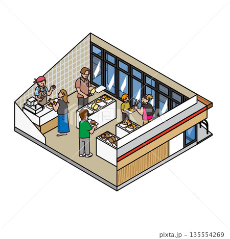 観光施設や公共施設の食堂で食事を楽しむ人々のイラスト素材 135554269
