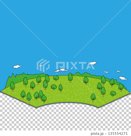以丘陵和樹木為背景的自然景觀插圖。 135554271