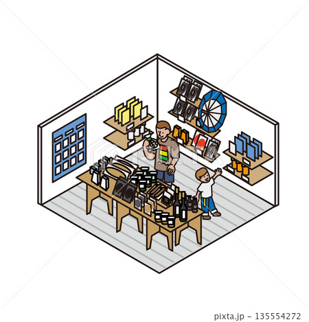 伝統工芸の工房で作業を体験する人々を描いたイラスト素材 135554272