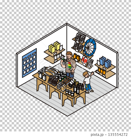 伝統工芸の工房で作業を体験する人々を描いたイラスト素材 135554272
