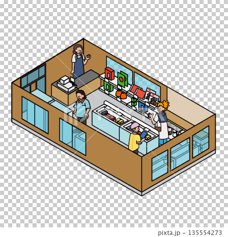 Illustration material of people serving customers and shopping at shops and cafes in tourist facilities Illustration material of people serving customers and shopping at shops and cafes in tourist facilities 135554273
