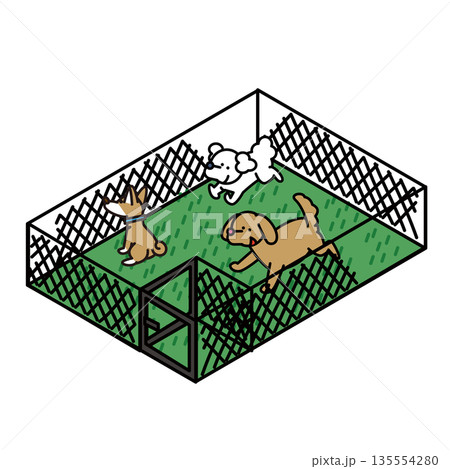 公園や施設にあるドッグランで遊ぶ犬たちのイラスト素材 135554280