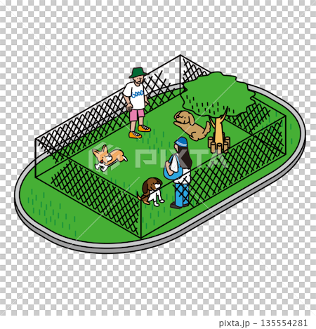 插圖素材，描繪了主人在公園和旅遊設施的狗跑道裡與愛犬玩耍的場景。 135554281