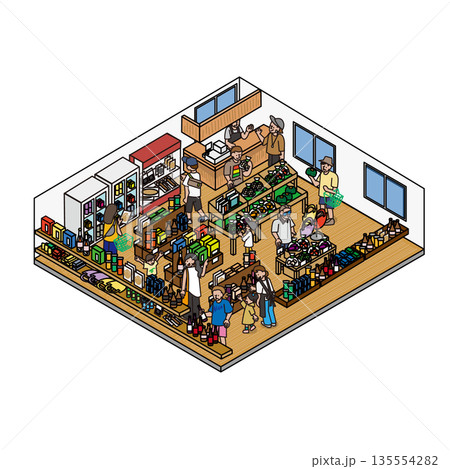 観光地の物産店やマルシェで買い物を楽しむ人々のイラスト素材 135554282