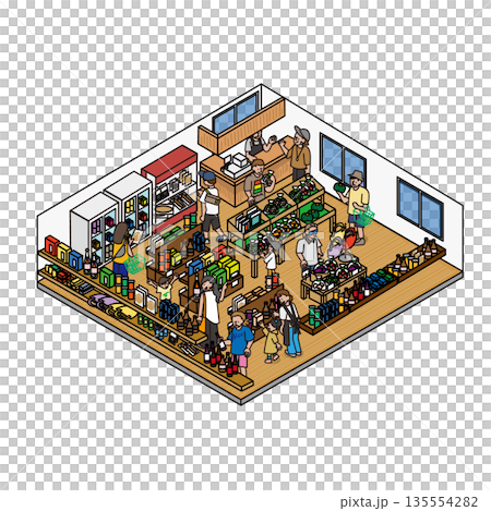 観光地の物産店やマルシェで買い物を楽しむ人々のイラスト素材 135554282