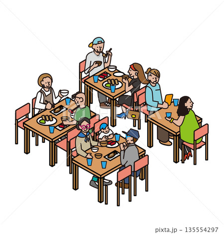 レストランで複数人が食事を楽しむ様子の人物イラスト素材 135554297