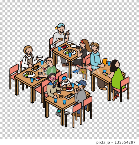 レストランで複数人が食事を楽しむ様子の人物イラスト素材 135554297