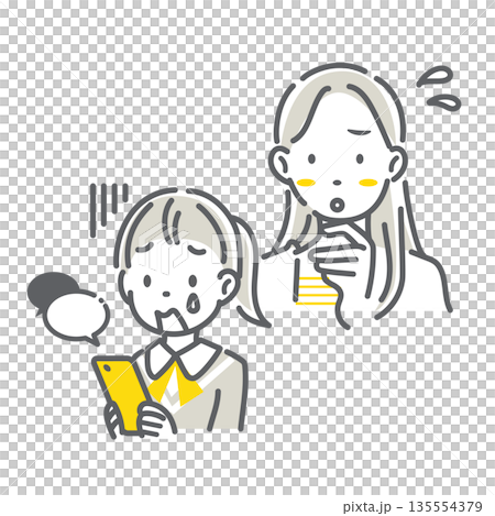 スマホを使う子どもを心配するお母さん　シンプルでお洒落な線画イラスト 135554379