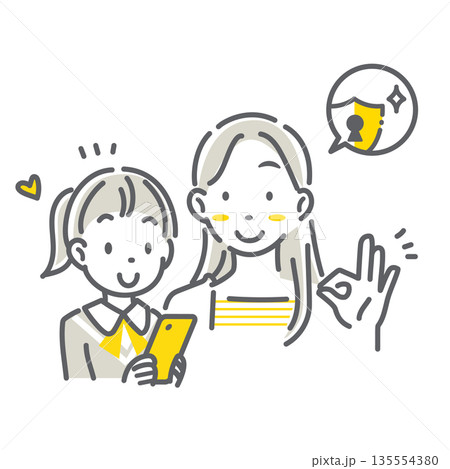 スマホを使う子どもを安心して見守るお母さん シンプルでお洒落な線画イラスト スマホを使う子どもを安心して見守るお母さん シンプルでお洒落な線画イラスト 135554380