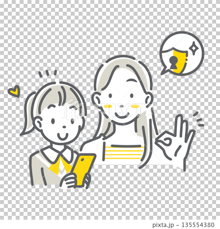 スマホを使う子どもを安心して見守るお母さん シンプルでお洒落な線画イラスト スマホを使う子どもを安心して見守るお母さん シンプルでお洒落な線画イラスト 135554380