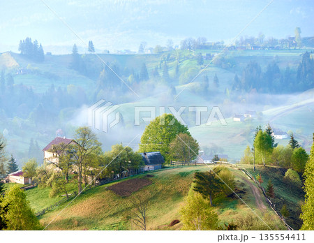 Serene countryside morning with mist rolling over gentle hills. Sunlight filters through, highlighting cozy farmhouse surrounded by lush trees. Scattered homes and winding paths, mist-covered valleys. Serene countryside morning with mist rolling over gentle hills. Sunlight filters through, highlighting cozy farmhouse surrounded by lush trees. Scattered homes and winding paths, mist-covered valleys. 135554411