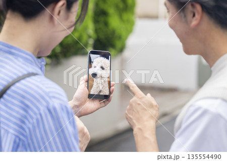 スマホでペットカメラに映る留守番中の愛犬の様子を確認する中高年夫婦 イメージ スマホでペットカメラに映る留守番中の愛犬の様子を確認する中高年夫婦 イメージ 135554490