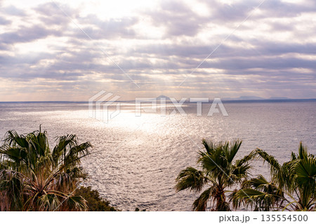 （静岡県）国道135号線・尾ヶ崎ウイングから見下ろす眼下の海岸線（薄明光線） 135554500