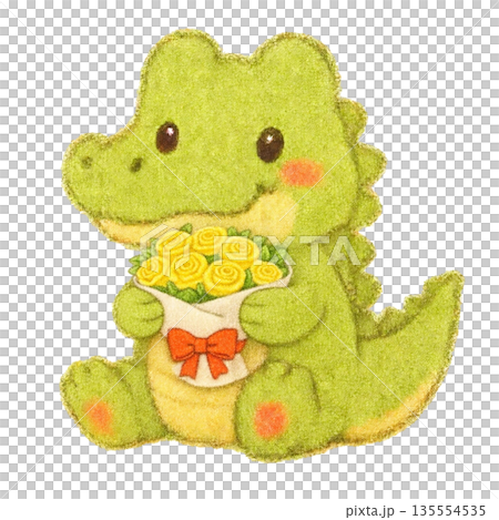 【父親節】色鉛筆插畫，一隻鱷魚叼著一朵玫瑰 135554535