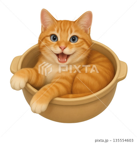 鍋に入った茶トラ猫のイラスト　親しみやすい猫キャラクター素材 135554603