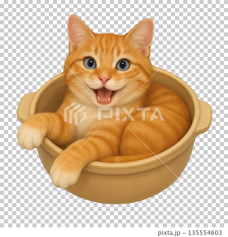 鍋に入った茶トラ猫のイラスト　親しみやすい猫キャラクター素材 135554603