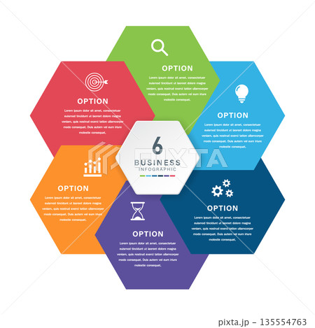 Colorful Circular Hexagon Infographic with Six Business Options Colorful Circular Hexagon Infographic with Six Business Options 135554763