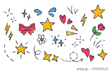 Hand-drawn crayon doodle elements with a grunge pencil texture, featuring scribbles of hearts, stars, and arrows. Simple, whimsical decorations with rough, sketchy lines. Vector illustration. 135555121