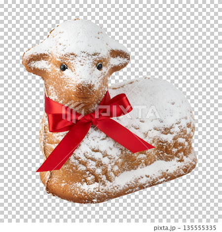 Traditional easter lamb cake lammkuchen dusted with powdered sugar and adorned with a festive red ribbon, isolated. Symbol of spring and celebration 135555335
