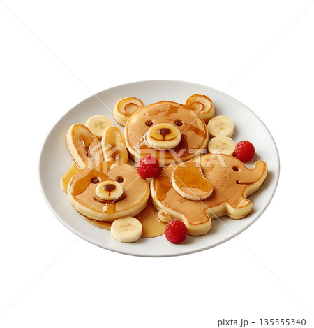 Playful stack of adorable animal-shaped pancakes topped with fresh fruit and maple syrup, perfect for fun family breakfasts Playful stack of adorable animal-shaped pancakes topped with fresh fruit and maple syrup, perfect for fun family breakfasts 135555340