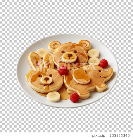 Playful stack of adorable animal-shaped pancakes topped with fresh fruit and maple syrup, perfect for fun family breakfasts Playful stack of adorable animal-shaped pancakes topped with fresh fruit and maple syrup, perfect for fun family breakfasts 135555340