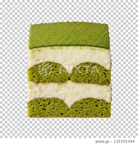 Decadent slice of layered matcha green tea cake with creamy frosting, perfectly isolated. Ideal for modern bakeries, cafes, and dessert blogs Decadent slice of layered matcha green tea cake with creamy frosting, perfectly isolated. Ideal for modern bakeries, cafes, and dessert blogs 135555344