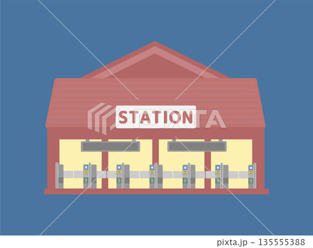 外観に灯りがともる夜の駅舎の建物イラスト 135555388