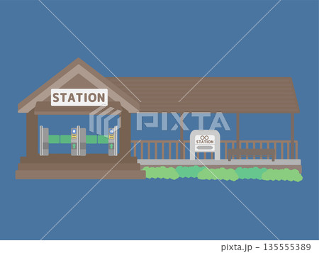 焦茶色の外観が特徴的な田舎にある古めの駅舎イラスト 135555389