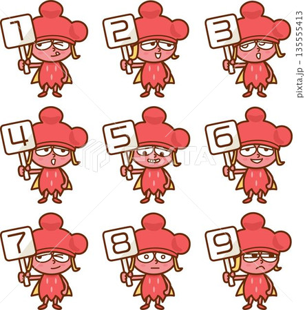 1から9の数字の札(プラカード)を持った女の子のイラストセット 135555413