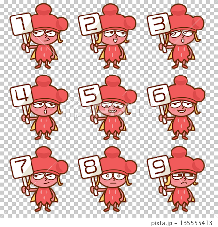 1から9の数字の札(プラカード)を持った女の子のイラストセット 135555413