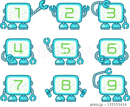 1から9の数字を画面に表示したロボットのイラストセット 1から9の数字を画面に表示したロボットのイラストセット 135555414