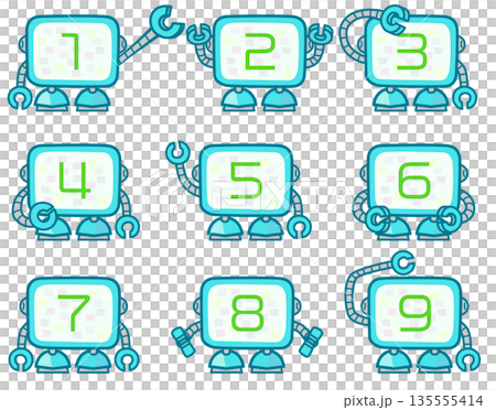 1から9の数字を画面に表示したロボットのイラストセット 1から9の数字を画面に表示したロボットのイラストセット 135555414