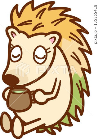 座ってお茶を飲むカラフルな毛色のハリネズミ(ヤマアラシ)のイラスト 座ってお茶を飲むカラフルな毛色のハリネズミ(ヤマアラシ)のイラスト 135555418