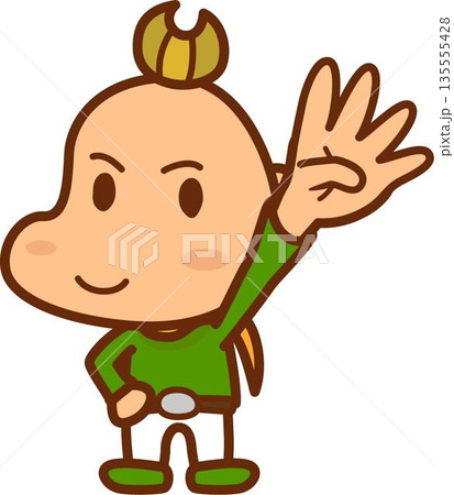 4本の指を立て手を突き上げる男の子 135555428