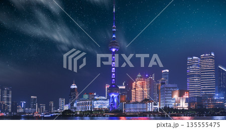 Shanghai Skyline at Night with Oriental Pearl Tower and Starry Sky 135555475