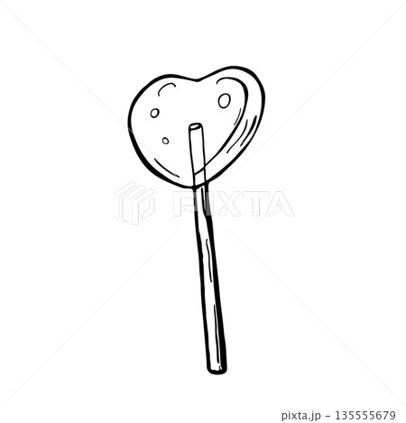 A heart-shaped lollipop. Vector illustration of a sweet in a sketch style for book design, coloring books, children's interiors, holiday cards, and fabric printing. 135555679