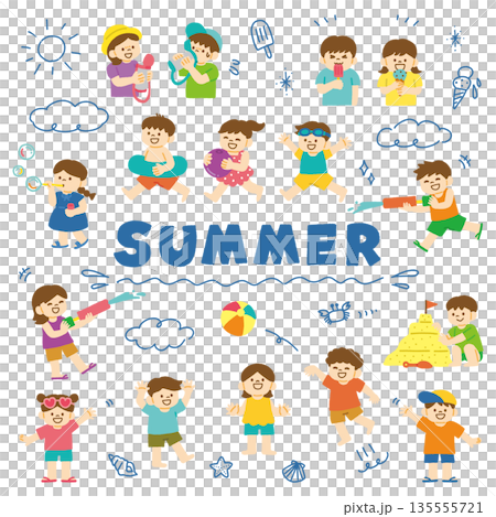夏季兒童插畫套裝,暑假,海邊玩耍 夏季兒童插畫套裝,暑假,海邊玩耍 135555721