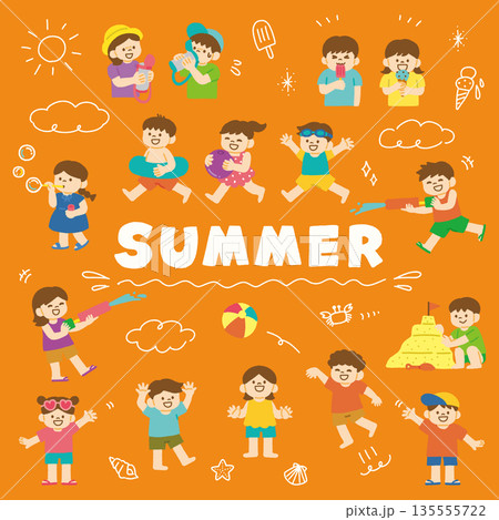 夏休みの子どもたちのイラストセット 夏 海 手描き アイコン 135555722