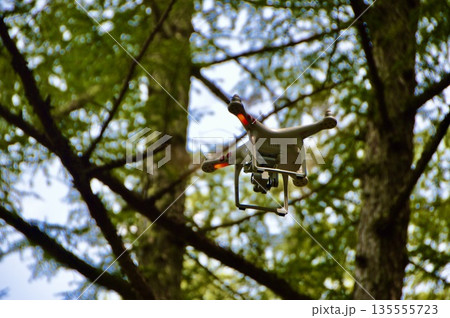 木立の中を飛行するドローン（西沢渓谷 付近／山梨県山梨市三富川浦） 135555723