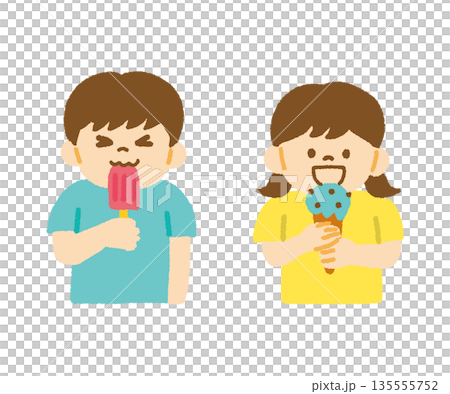 Summer children eating ice cream hand-drawn illustration 135555752