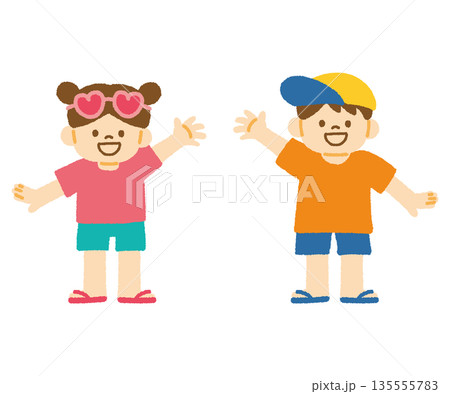 夏 子ども 夏ファッション 手を上げる 笑顔 男女 イラスト 夏 子ども 夏ファッション 手を上げる 笑顔 男女 イラスト 135555783