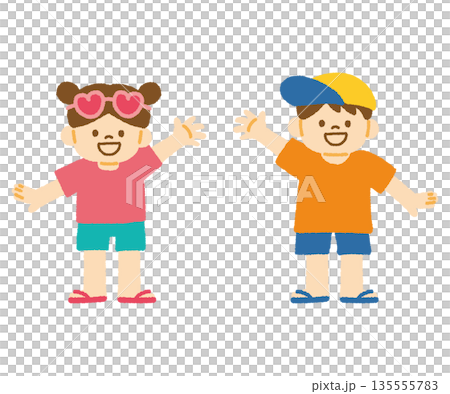 Summer children's summer fashion raising hands smiling men and women illustration Summer children's summer fashion raising hands smiling men and women illustration 135555783