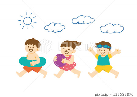 子ども 海水浴 水着 太陽 雲 イラスト 子ども 海水浴 水着 太陽 雲 イラスト 135555876