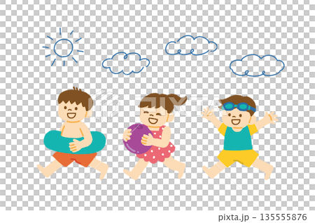 子ども 海水浴 水着 太陽 雲 イラスト 子ども 海水浴 水着 太陽 雲 イラスト 135555876