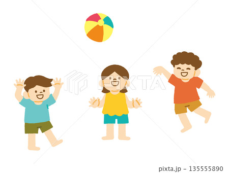 海 砂浜 子ども ビーチボール 遊ぶ イラスト 135555890