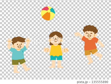 海 砂浜 子ども ビーチボール 遊ぶ イラスト 135555890
