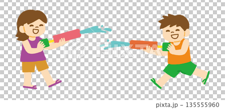 Summer vacation illustration of a boy and girl playing with a water gun 135555960