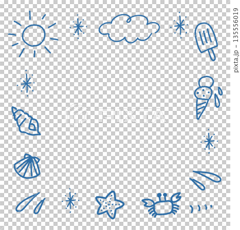 夏 手描き 線画 イラスト 正方形 フレーム 太陽 雲 貝殻 アイス 135556019